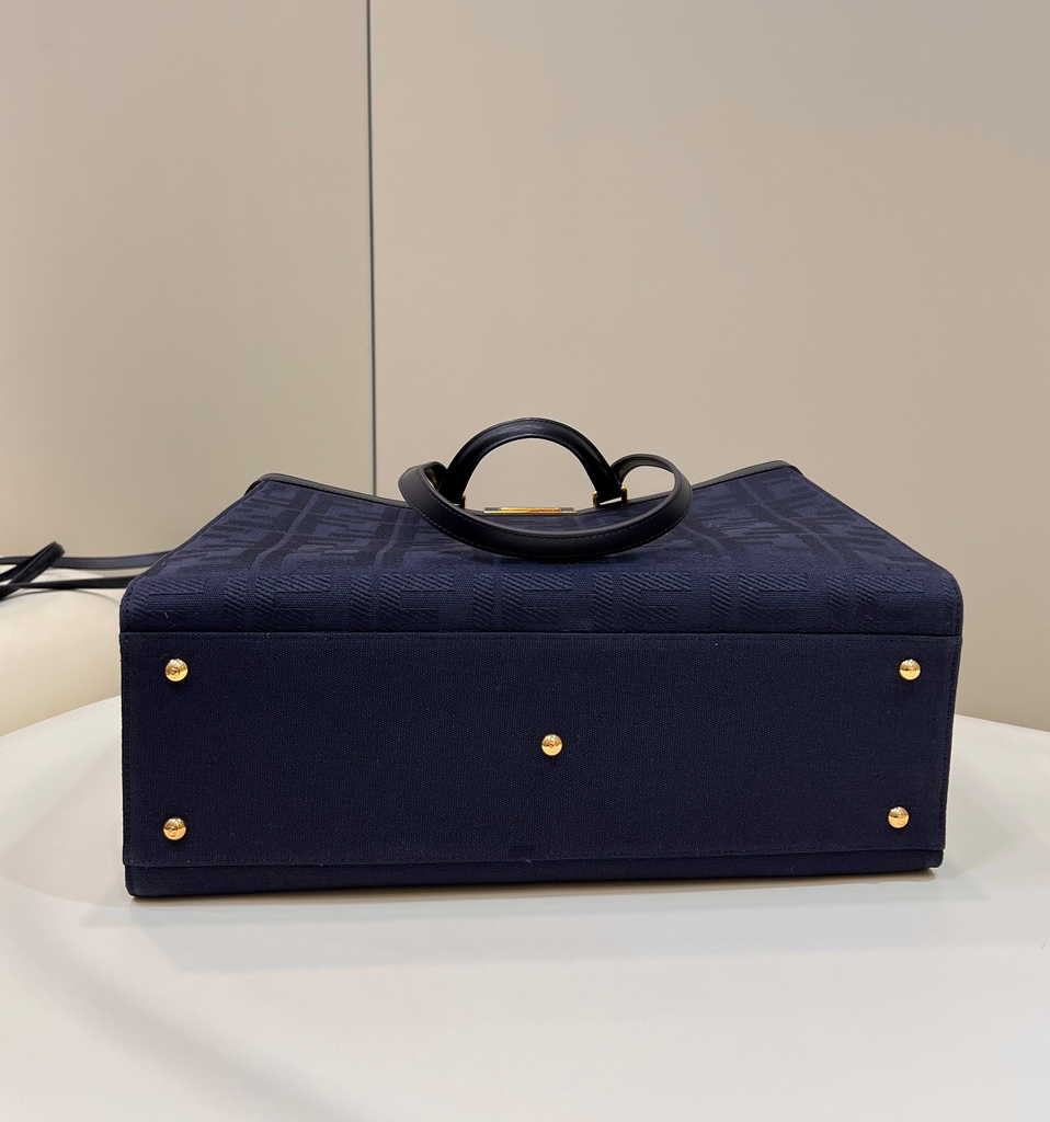 Fendi 8BH374 X-Tote Navy Blue canvas shopper with FF embroidery - Default Title - View 4