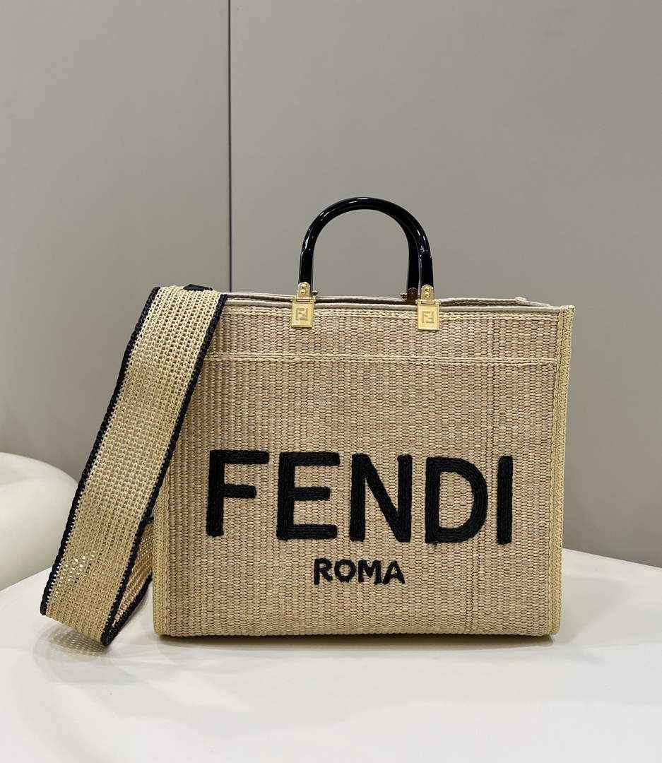 Fendi 8BH386 Sunshine Medium Beige and black straw shopper 8389 - Default Title - View 1
