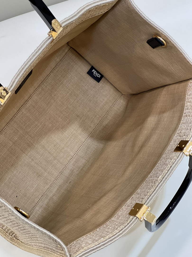 Fendi 8BH386 Sunshine Medium Beige and black straw shopper 8389 - Default Title - View 6