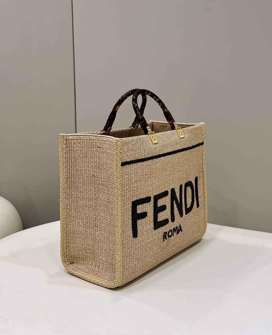 Fendi 8BH386 Sunshine Medium Beige and black straw shopper - Default Title - View 3