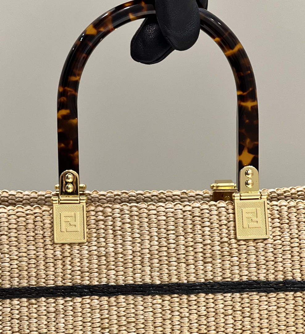 Fendi 8BH386 Sunshine Medium Beige and black straw shopper - Default Title - View 6