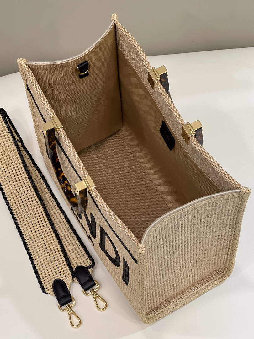 Fendi 8BH386 Sunshine Medium Beige and black straw shopper - Default Title - View 9