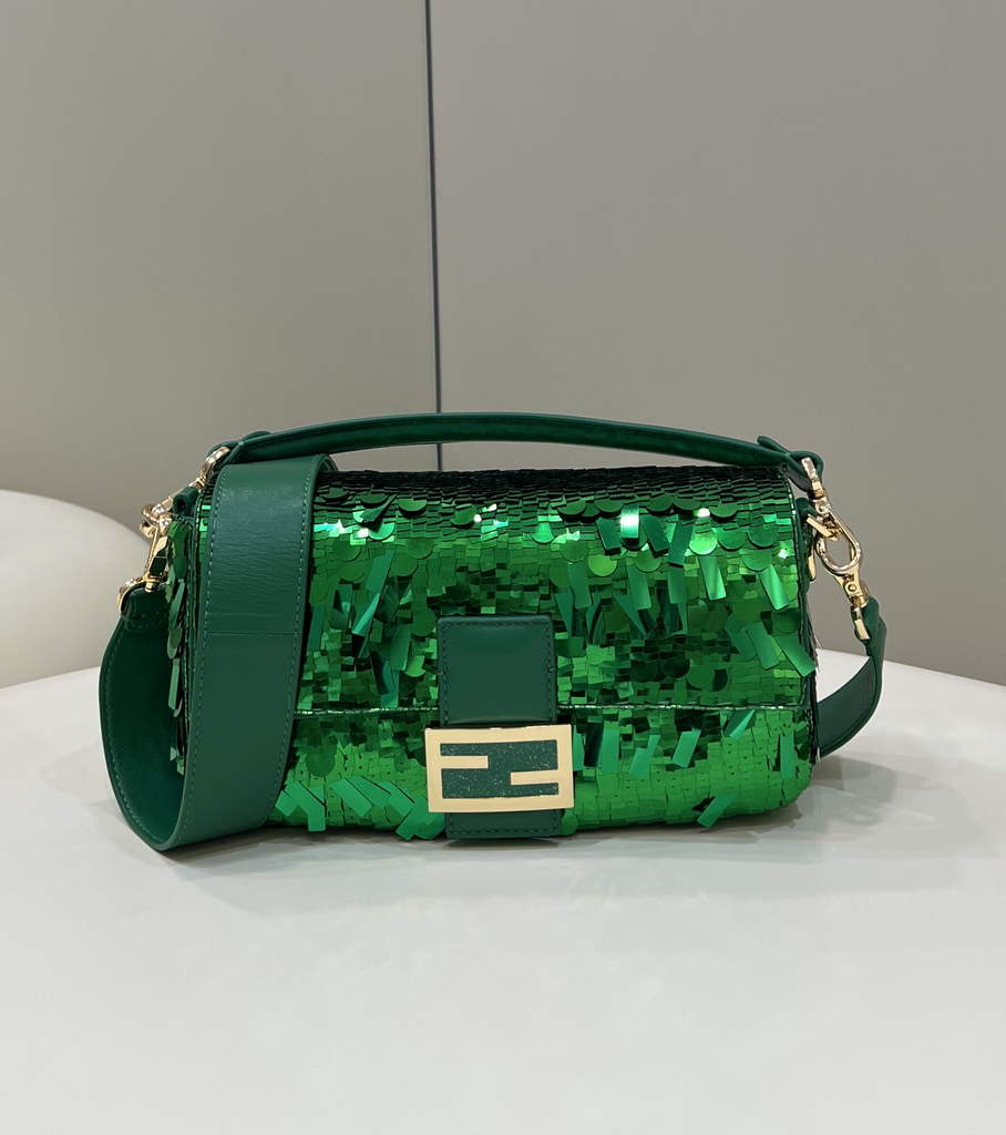Fendi 8BR600 Baguette Acid green sequin and leather bag - Default Title - View 3