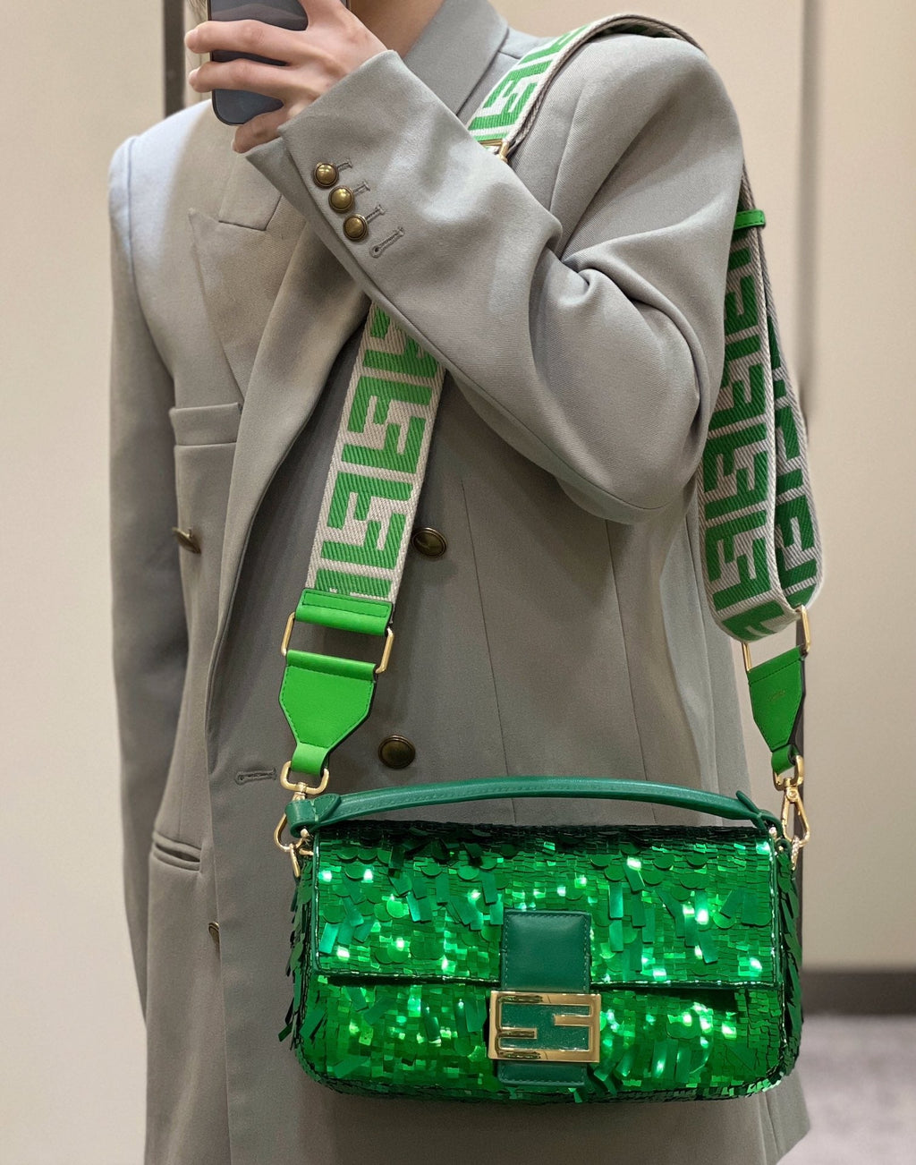 Fendi 8BR600 Baguette Acid green sequin and leather bag - Default Title - View 2