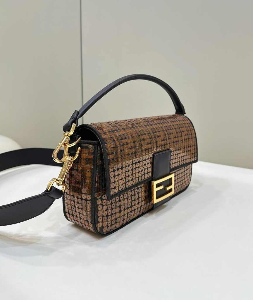 Fendi Baguette Bag 8BR600 Brown FF jacquard fabric bag with sequins - Default Title - View 3