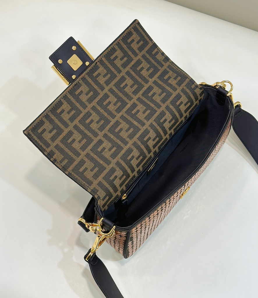 Fendi Baguette Bag 8BR600 Brown FF jacquard fabric bag with sequins - Default Title - View 9