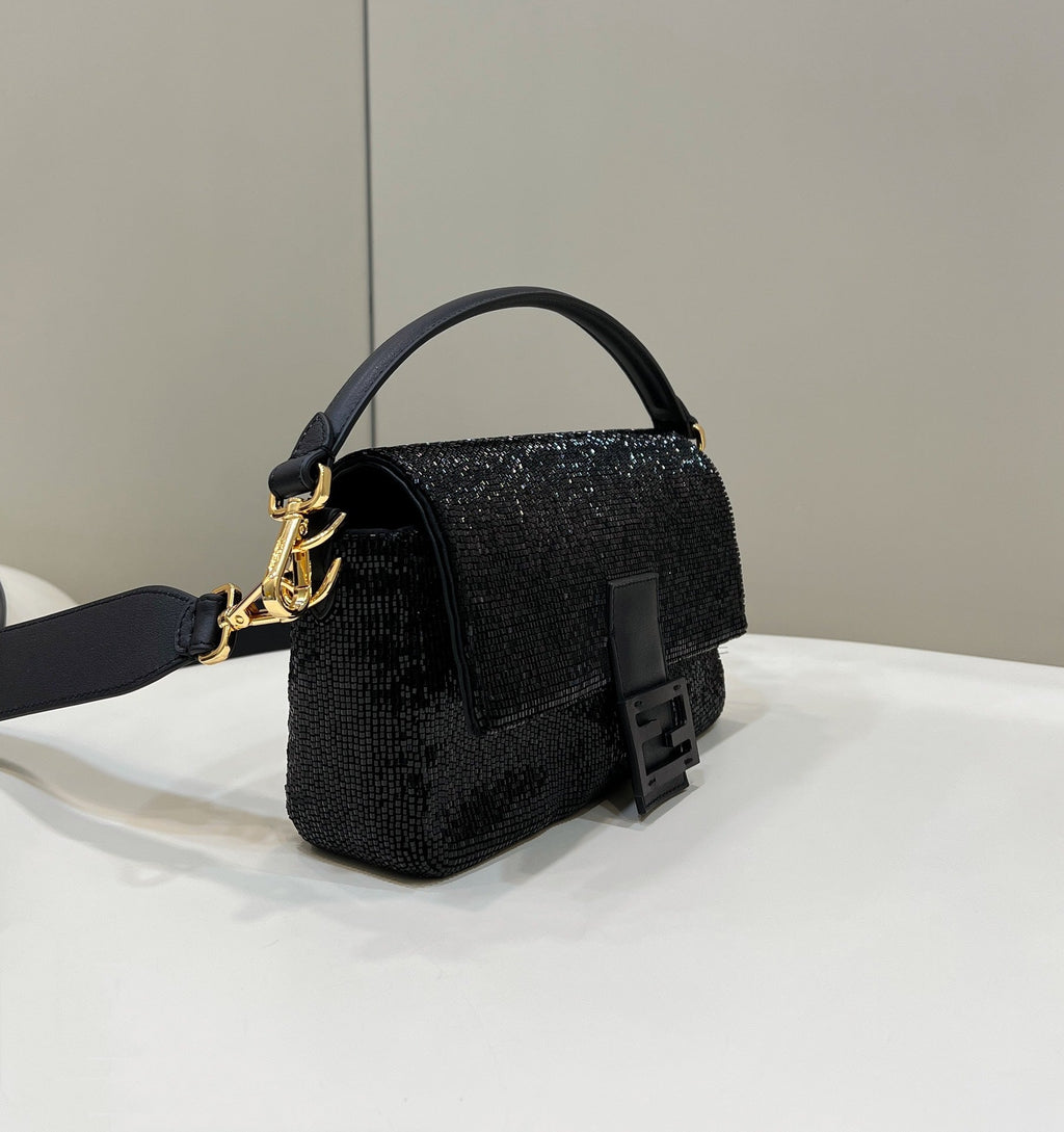 Fendi Baguette Bag 8BR600 Black Beaded bag with two-tone FF motif - Default Title - View 3