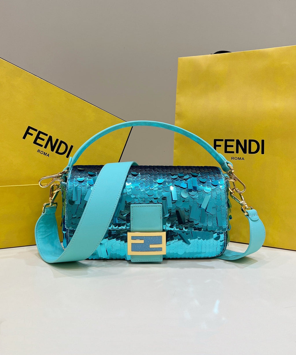 Fendi 8BR600 Baguette Bag embroidered with blue sequins - Default Title - View 1