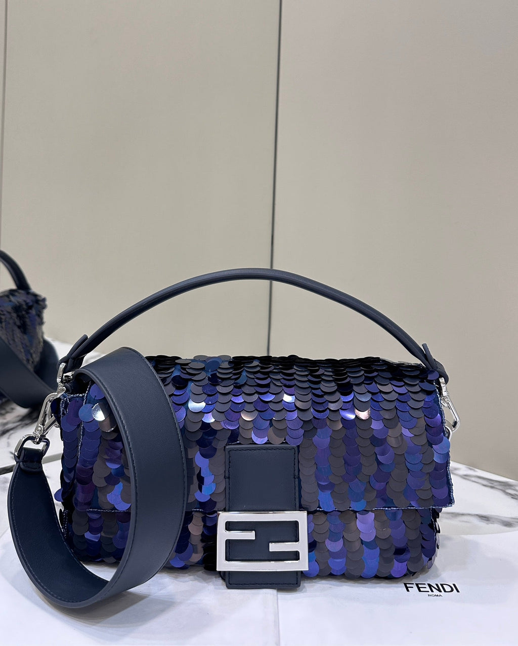 Fendi Baguette Bag 8BR600 Dark and mid blue sequin bag - Default Title - View 1