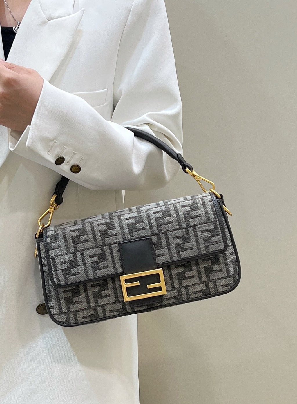 Fendi 8BR600 Baguette Black FF tapestry fabric bag - Default Title - View 11