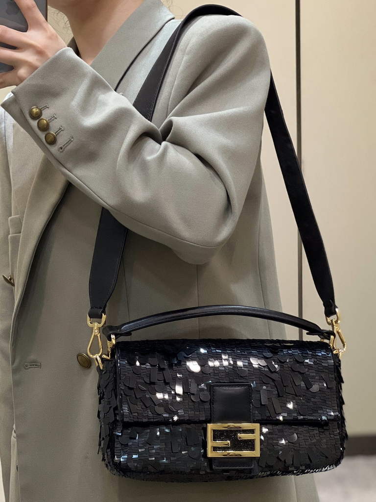 Fendi 8BR600 Baguette Black sequin and leather bag - Default Title - View 1