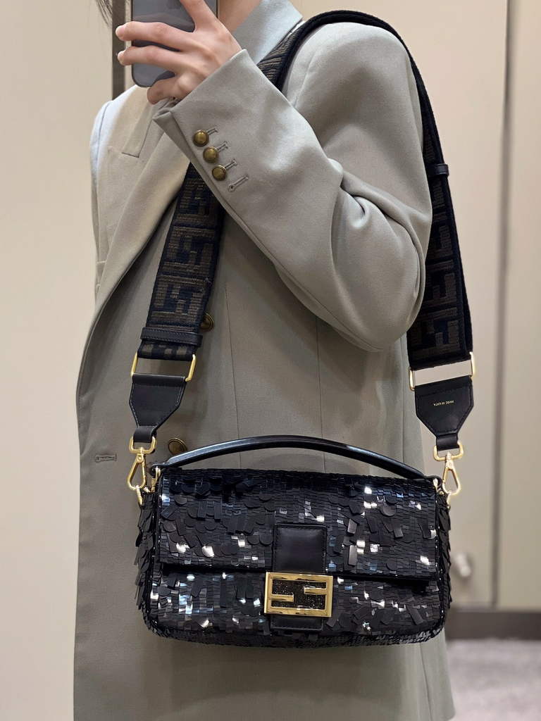 Fendi 8BR600 Baguette Black sequin and leather bag - Default Title - View 12