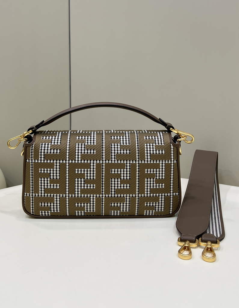 Fendi 8BR600 Baguette Brown houndstooth wool bag with FF embroidery - Default Title - View 2