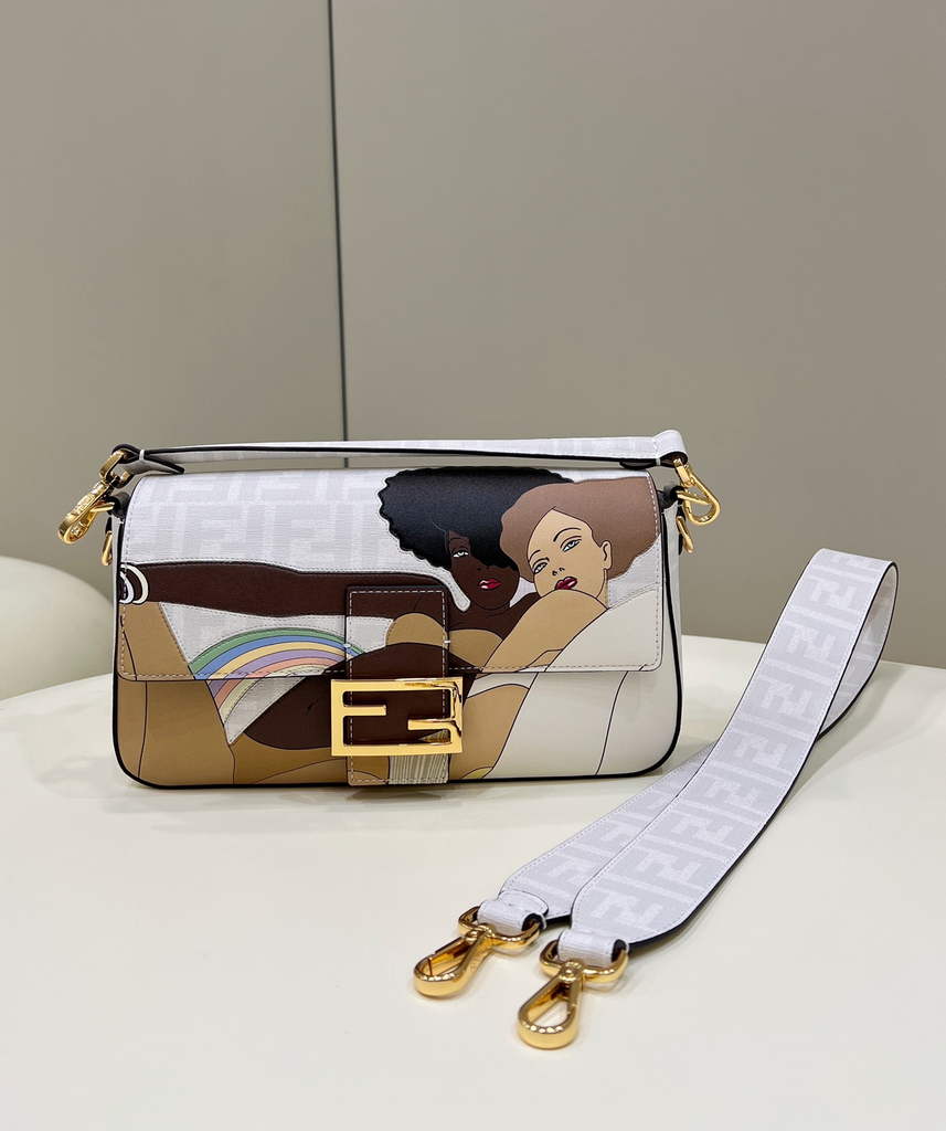 Fendi 8BR600 Baguette FF glazed fabric bag with inlay white - Default Title - View 1