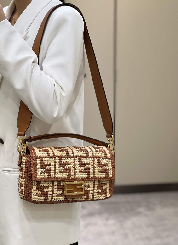 Fendi 8BR600 Baguette Tan raffia with crocheted FF - Default Title - View 1