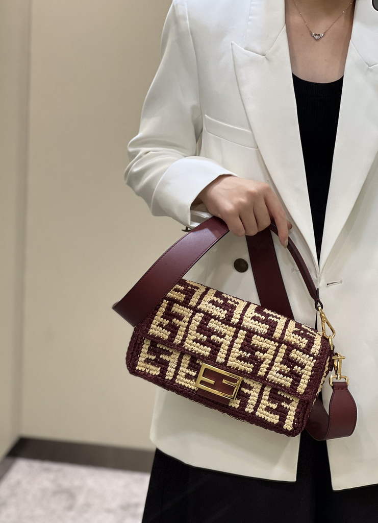 Fendi 8BR600 Baguette Wine Red raffia with crocheted FF - Default Title - View 1