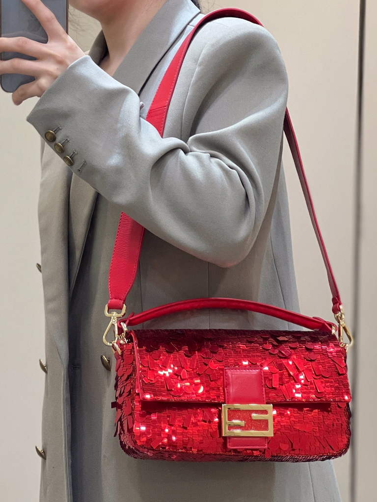 Fendi 8BR600 Baguette Red sequin and leather bag - Default Title - View 1