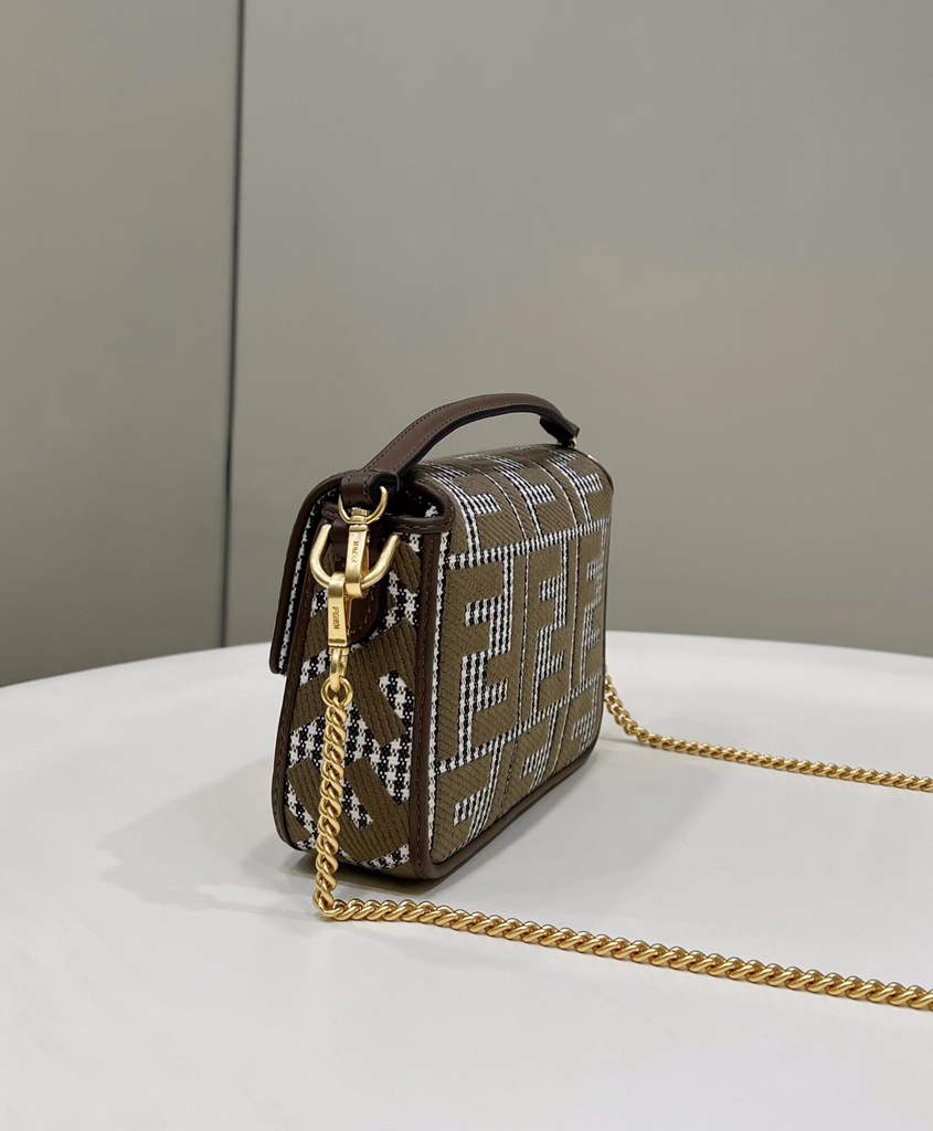 Fendi 8BS017 Baguette Mini Brown houndstooth wool bag with FF embroidery - Default Title - View 3