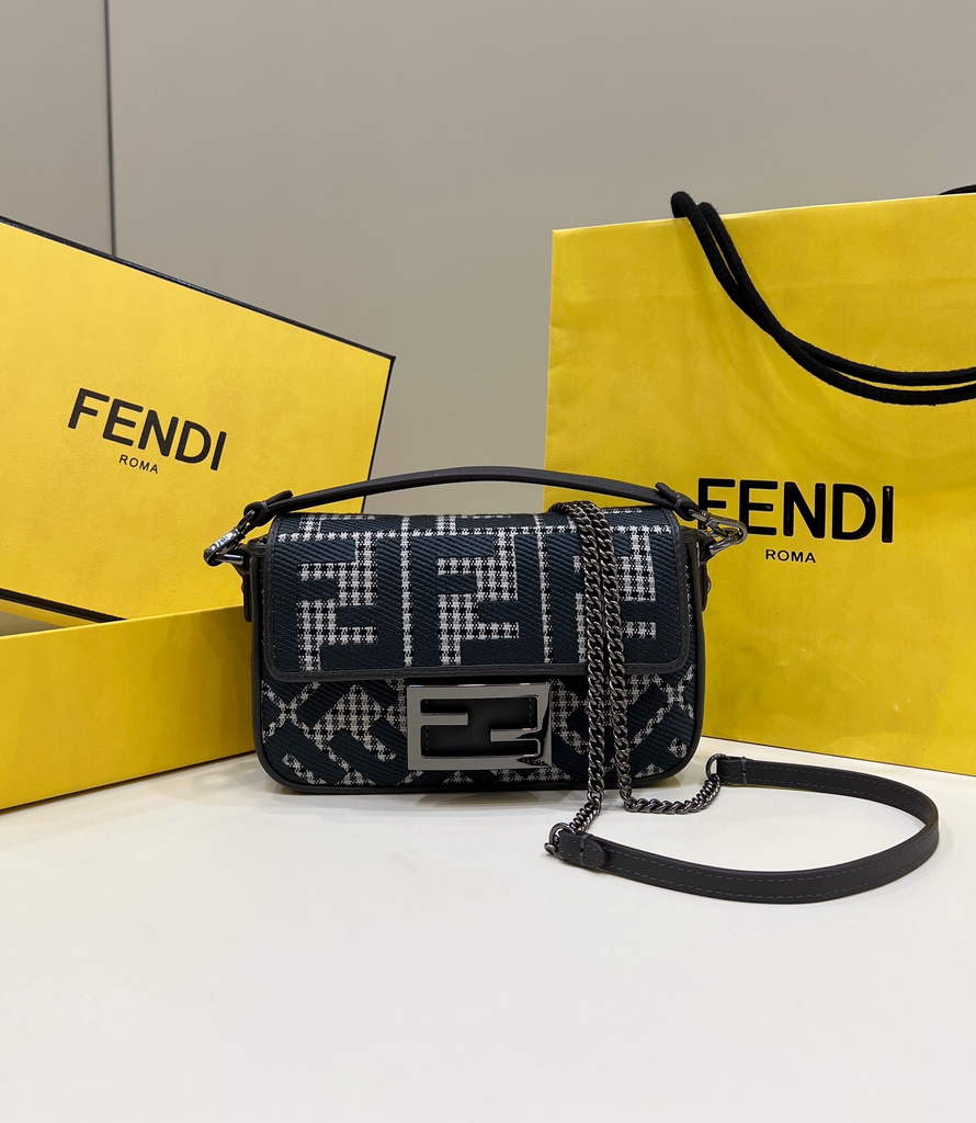 Fendi 8BS017 Baguette Mini Gray houndstooth wool bag with FF embroidery - Default Title - View 1