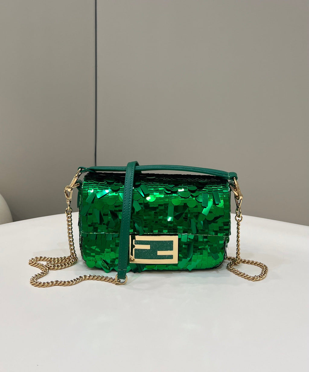 Fendi 8BS017 Baguette Mini Green sequin and leather bag - Default Title - View 1