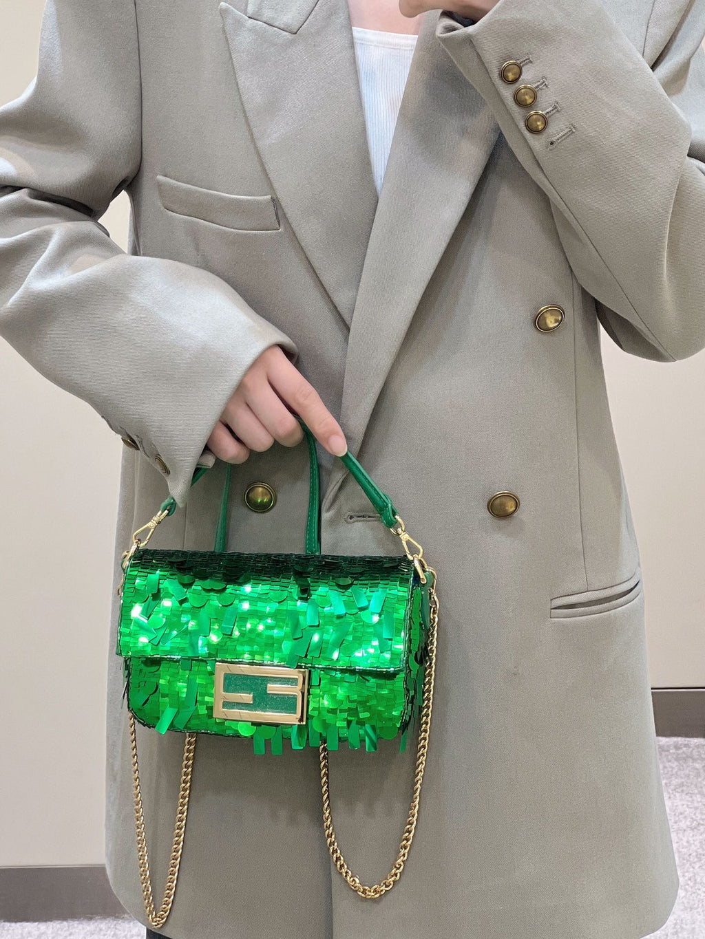 Fendi 8BS017 Baguette Mini Green sequin and leather bag - Default Title - View 2