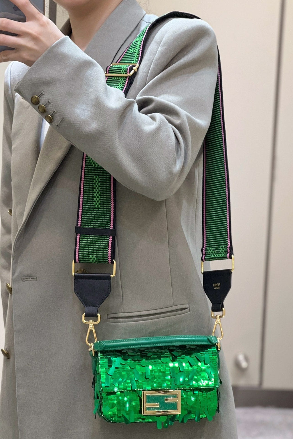 Fendi 8BS017 Baguette Mini Green sequin and leather bag - Default Title - View 12