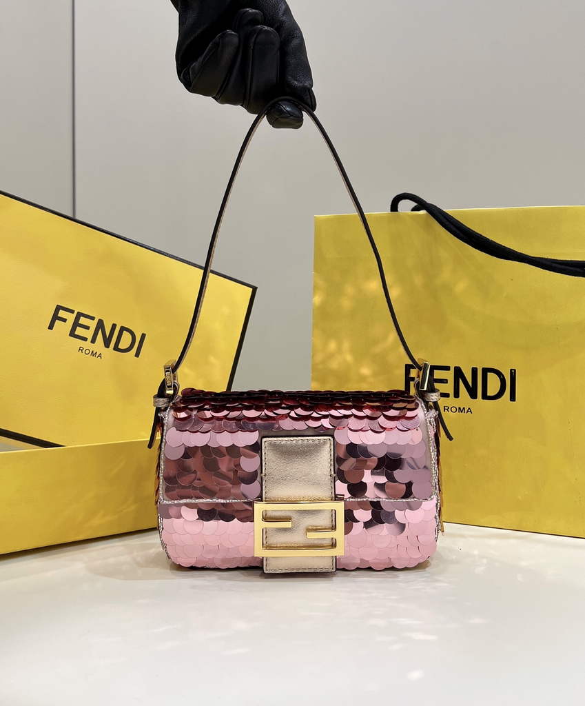 Fendi 8BS049 Mini Baguette 1997 Pink leather and sequinned bag - Default Title - View 1