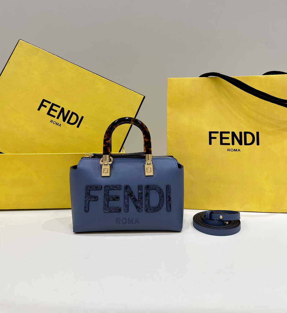 Fendi 8BS067 By The Way Mini Small blue leather and elaphe Boston bag - Default Title - View 1