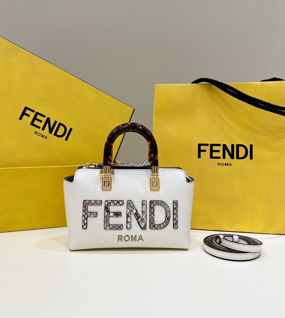 Fendi 8BS067 By The Way Mini Small white leather and elaphe Boston bag - Default Title - View 1