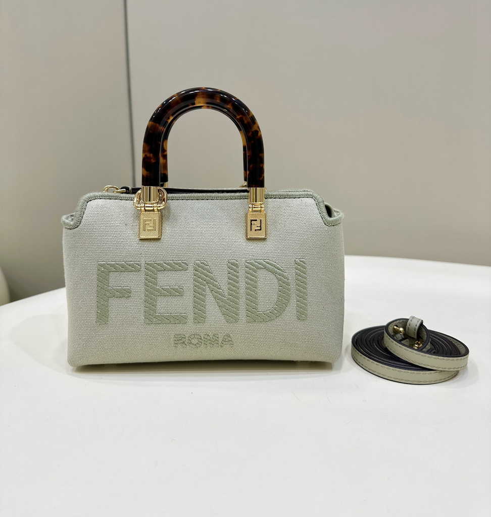 Fendi 8BS067 By The Way Mini Light green canvas small Boston bag with Roma - Default Title - View 1