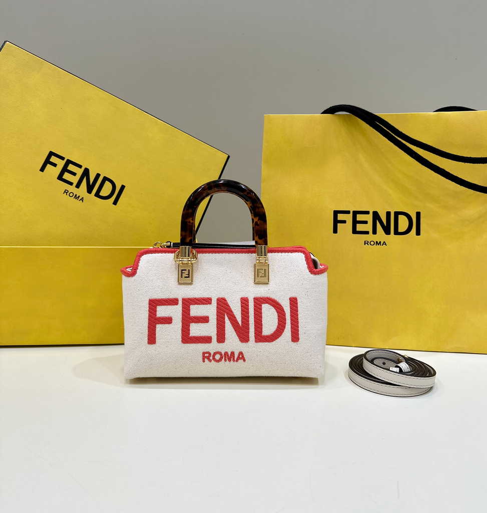 Fendi 8BS067 By The Way Mini Beige canvas small Boston bag with Roma embroidery - Default Title - View 1