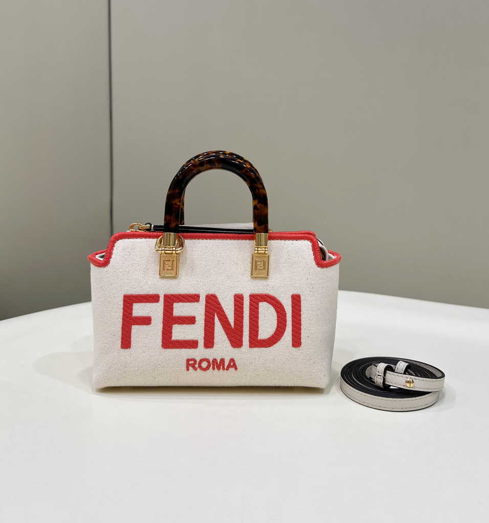 Fendi 8BS067 By The Way Mini Beige canvas small Boston bag with Roma embroidery - Default Title - View 2