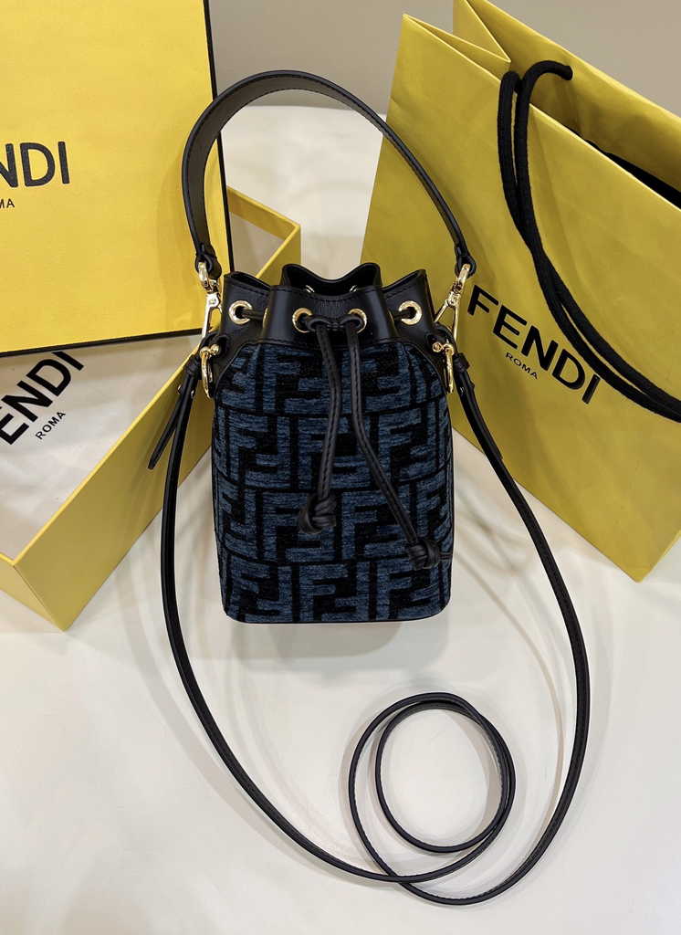Feendi 8BS010 Bucket Bag Mon Tresor Blue leather mini-bag with FF print - Default Title - View 1
