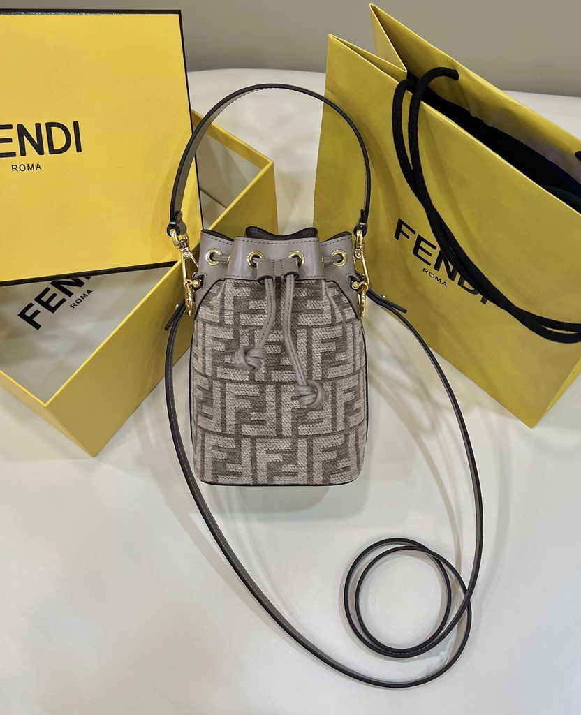 Feendi 8BS010 Bucket Bag Mon Tresor gray leather mini-bag with FF print - Default Title - View 1