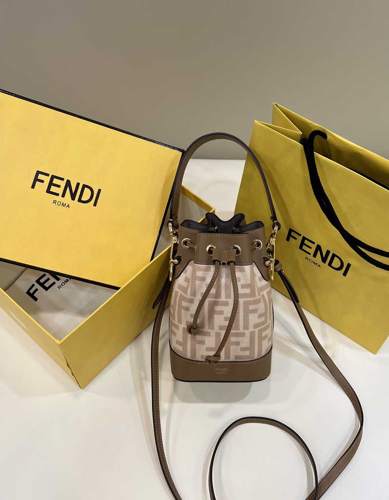 Feendi 8BS010 Bucket Bag Mon Tresor brown leather mini-bag with FF print - Default Title - View 1