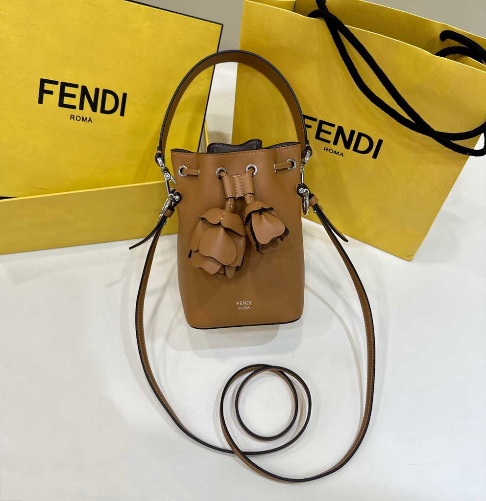 Fendi Bucket Bag Mon Tresor 8BS010 Brown leather mini-bag with 3D roses - Default Title - View 1