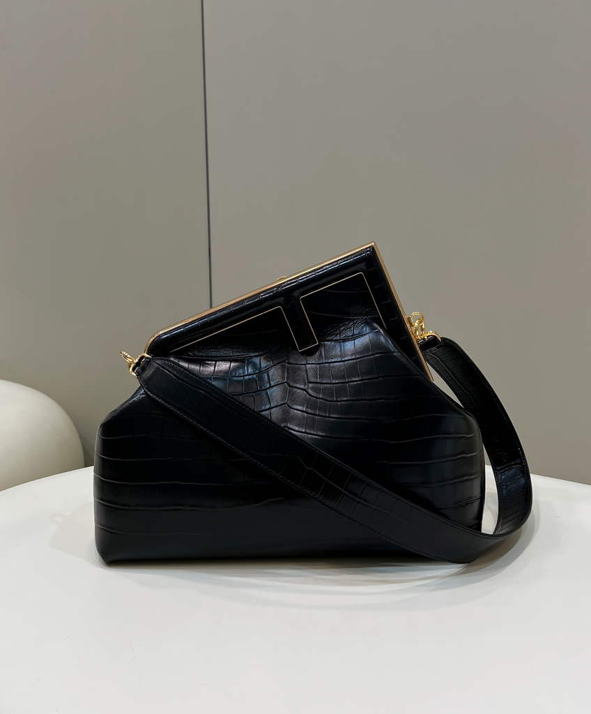 Fendi First Medium 8BP127 Black laqué crocodile leather bag - Default Title - View 1