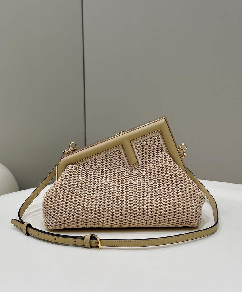 Fendi First Small 8BP129 Beige raffia macrame bag - Default Title - View 1