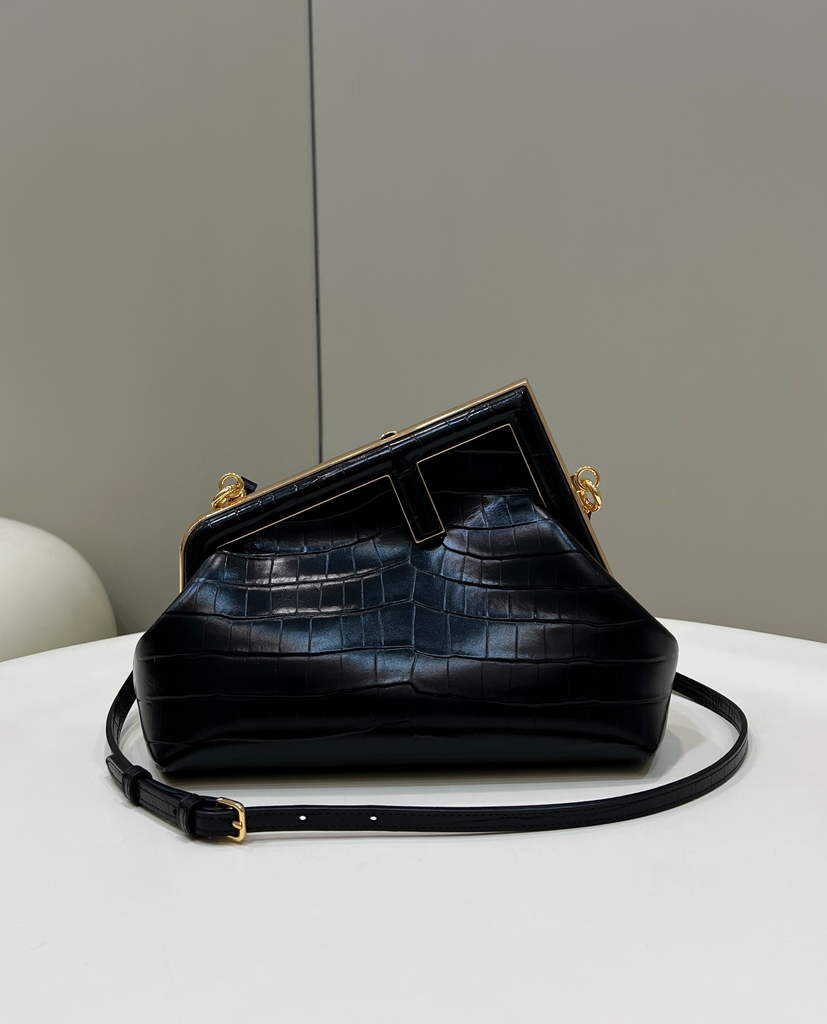 Fendi First Small 8BP129 Black laqué crocodile leather bag - Default Title - View 1