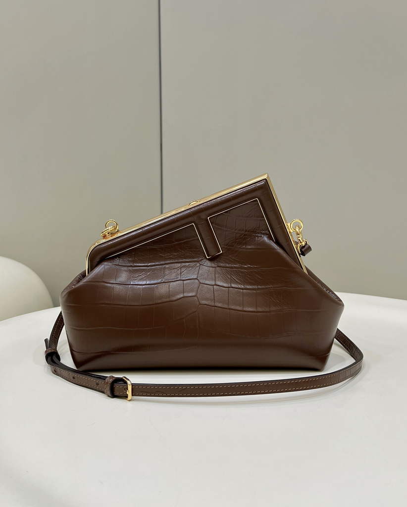 Fendi First Small 8BP129 Brown laqué crocodile leather bag - Default Title - View 1