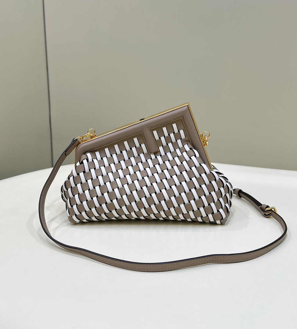 Fendi First Small 8BP129 Dove Gray and White Interlaced Leather Bag - Default Title - View 1