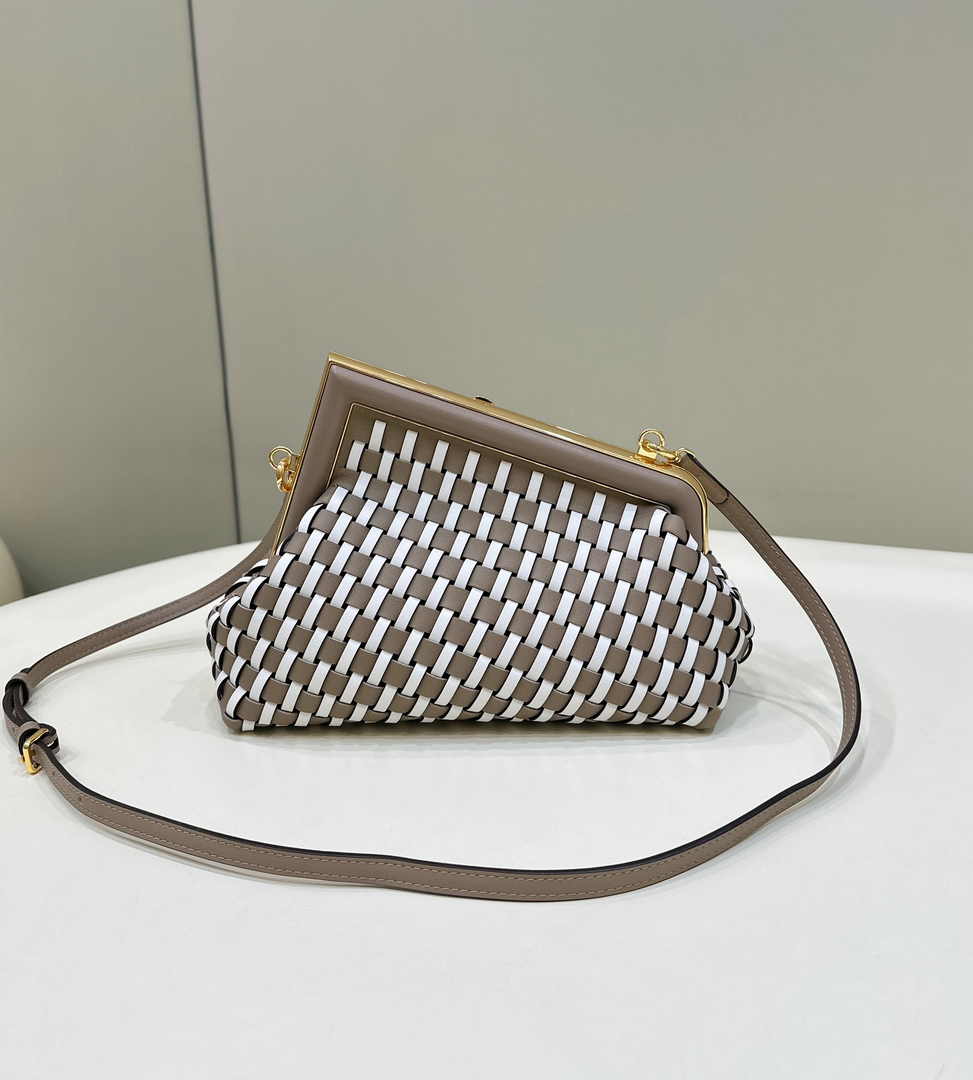Fendi First Small 8BP129 Dove Gray and White Interlaced Leather Bag - Default Title - View 2