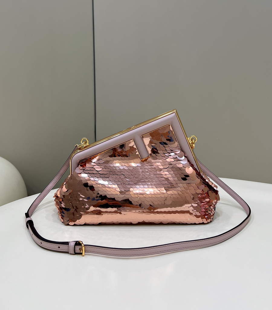 Fendi First Small 8BP129 Rose Red Gold-colored leather sequinned bag - Default Title - View 1