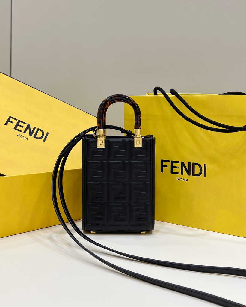Fendi Mini Sunshine Shopper 8BS051 Black leather mini-bag with FF motif - Default Title - View 1
