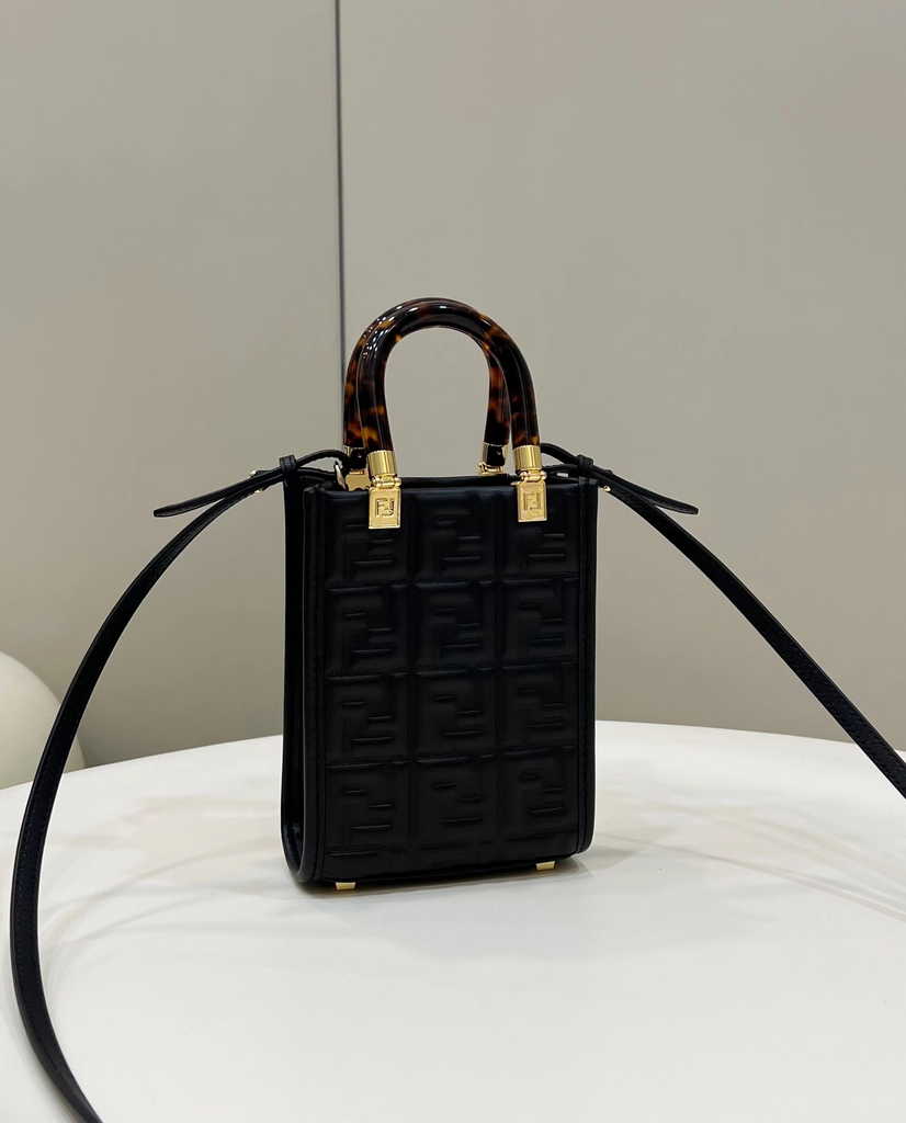 Fendi Mini Sunshine Shopper 8BS051 Black leather mini-bag with FF motif - Default Title - View 2