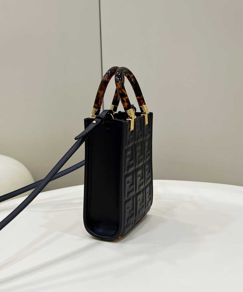 Fendi Mini Sunshine Shopper 8BS051 Black leather mini-bag with FF motif - Default Title - View 3