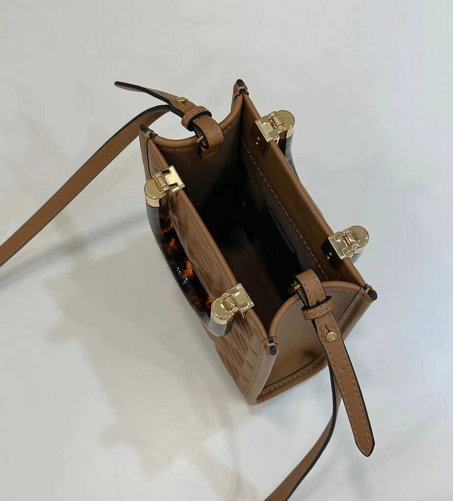 Fendi Mini Sunshine Shopper 8BS051 Brown leather mini-bag with FF motif - Default Title - View 11