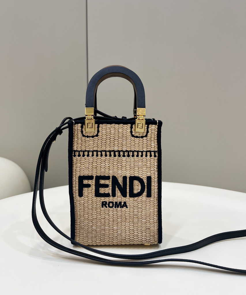 Fendi Mini Sunshine Shopper Black Natural straw mini-bag 8BS051 - Default Title - View 1