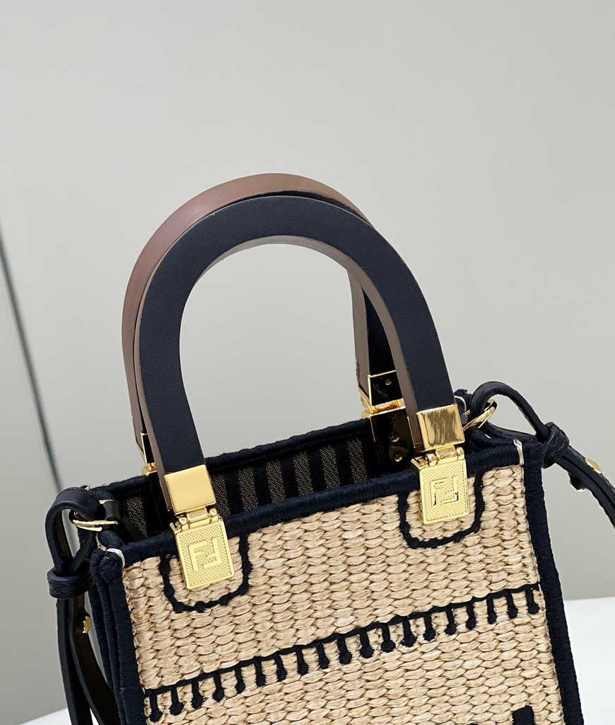 Fendi Mini Sunshine Shopper Black Natural straw mini-bag 8BS051 - Default Title - View 7