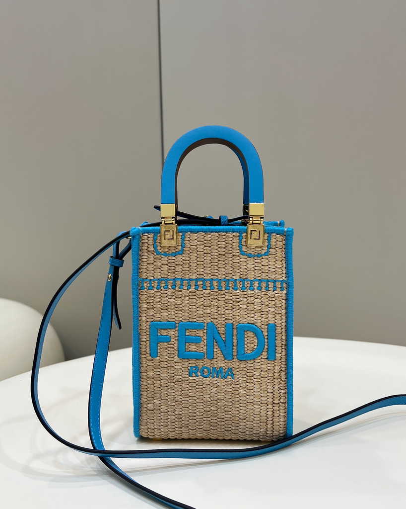 Fendi Mini Sunshine Shopper Blue Natural straw mini-bag 8BS051 - Default Title - View 1